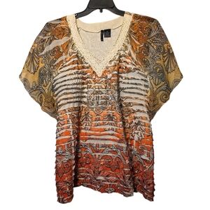 New Directions Top Women's XXL 2XL Crochet V-Neck Layered Flutter Sleeve Tunic